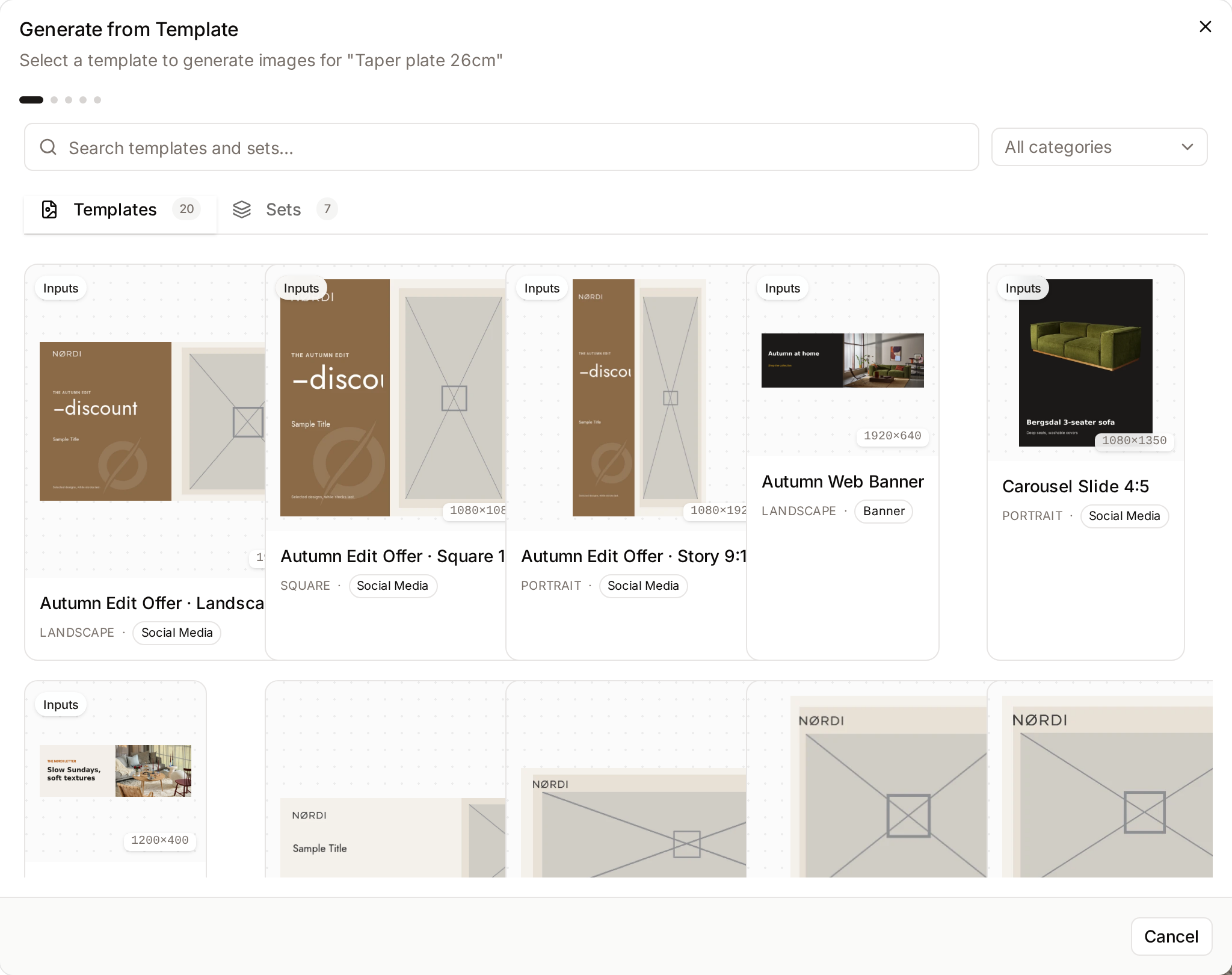 Generate from Template dialog showing templates for banners, social posts, print, and email with their output sizes