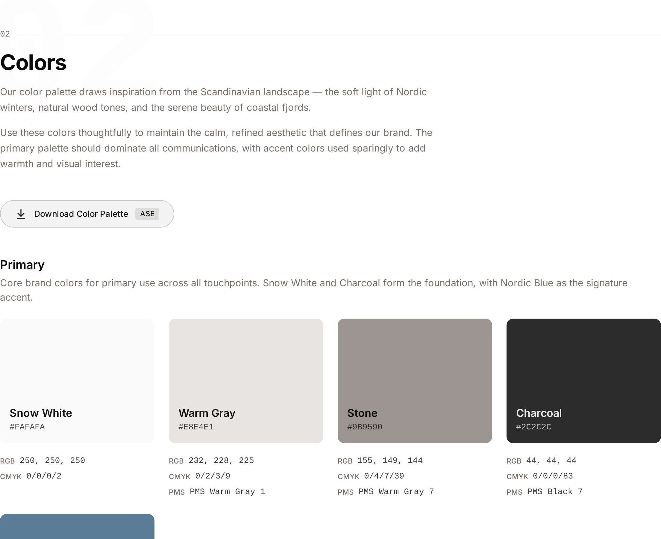 The Colors section: the Download Color Palette button and a palette with its HEX, RGB, CMYK and PMS values