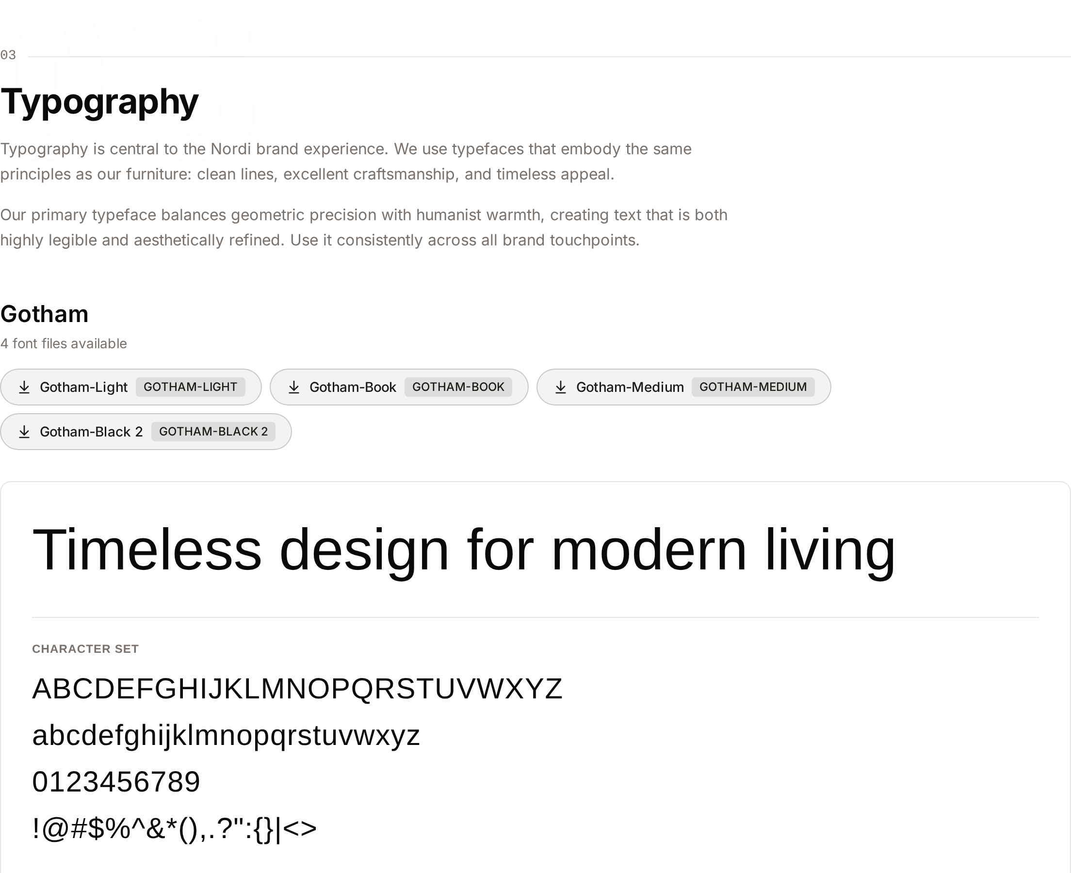 The Typography section: a typeface with its font files, preview text, character set and weight scale