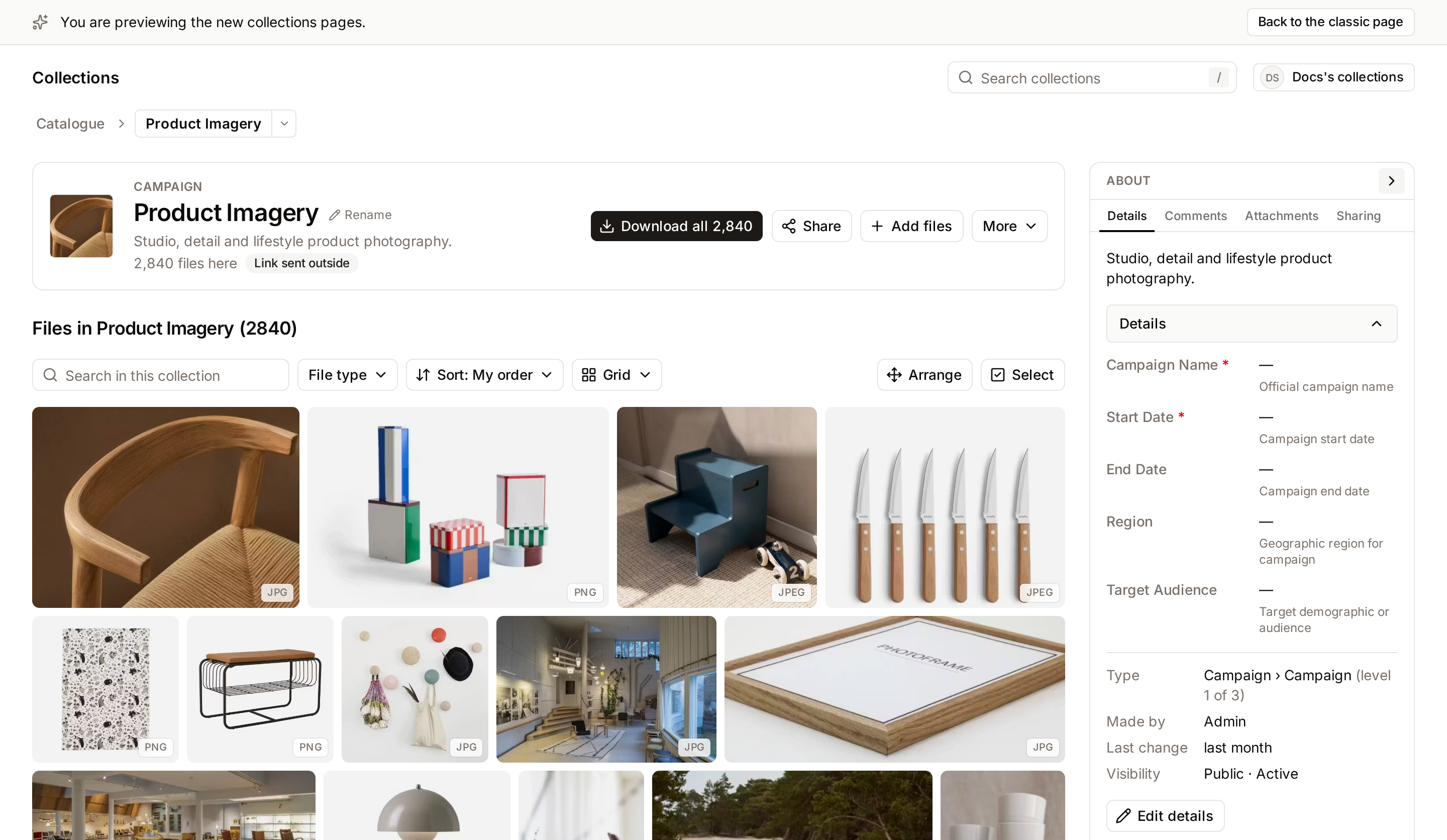A collection page: cover and actions at the top, files below, side panel on the right