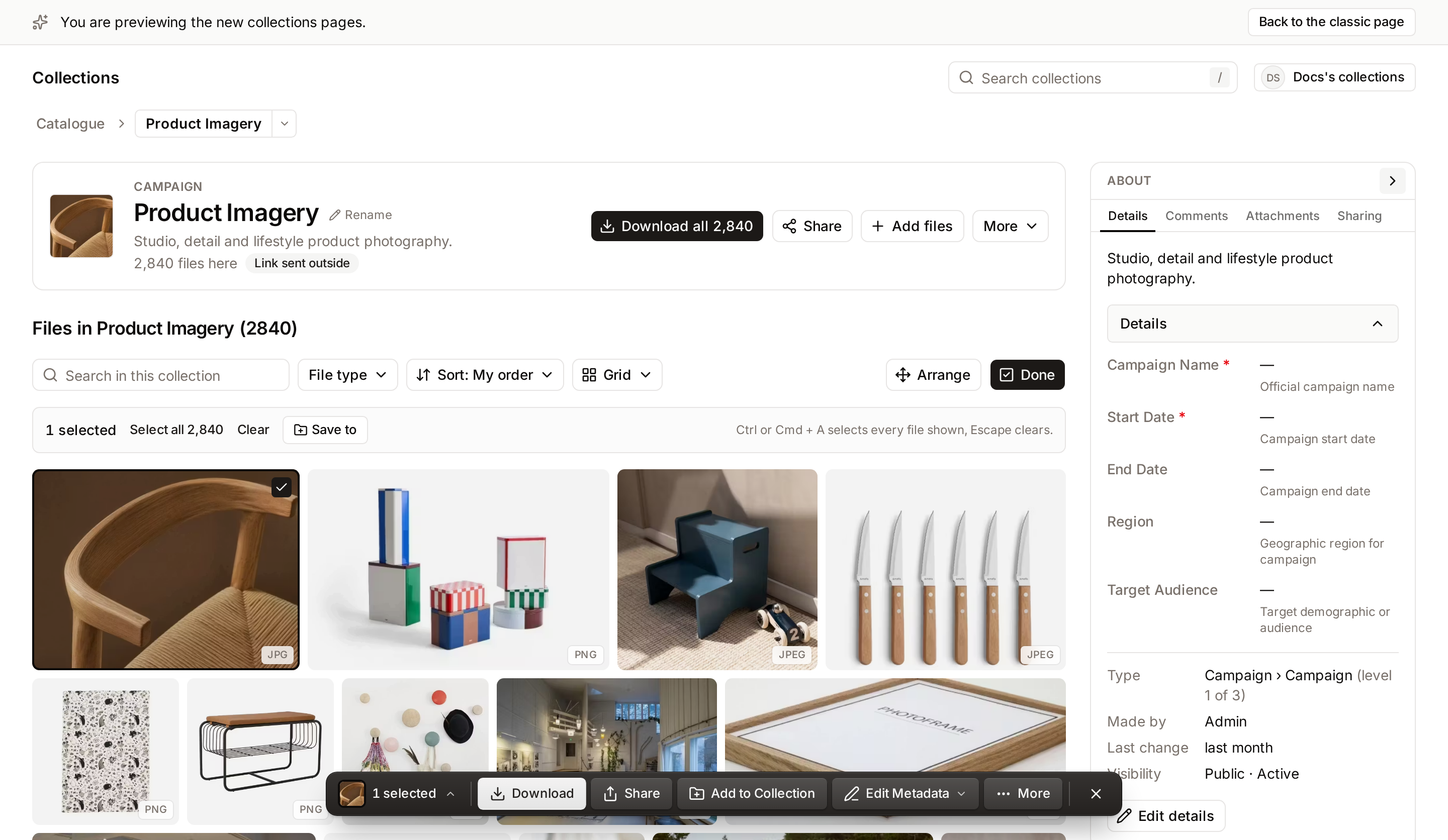 Select mode: a ticked file, the selection count and the selection bar