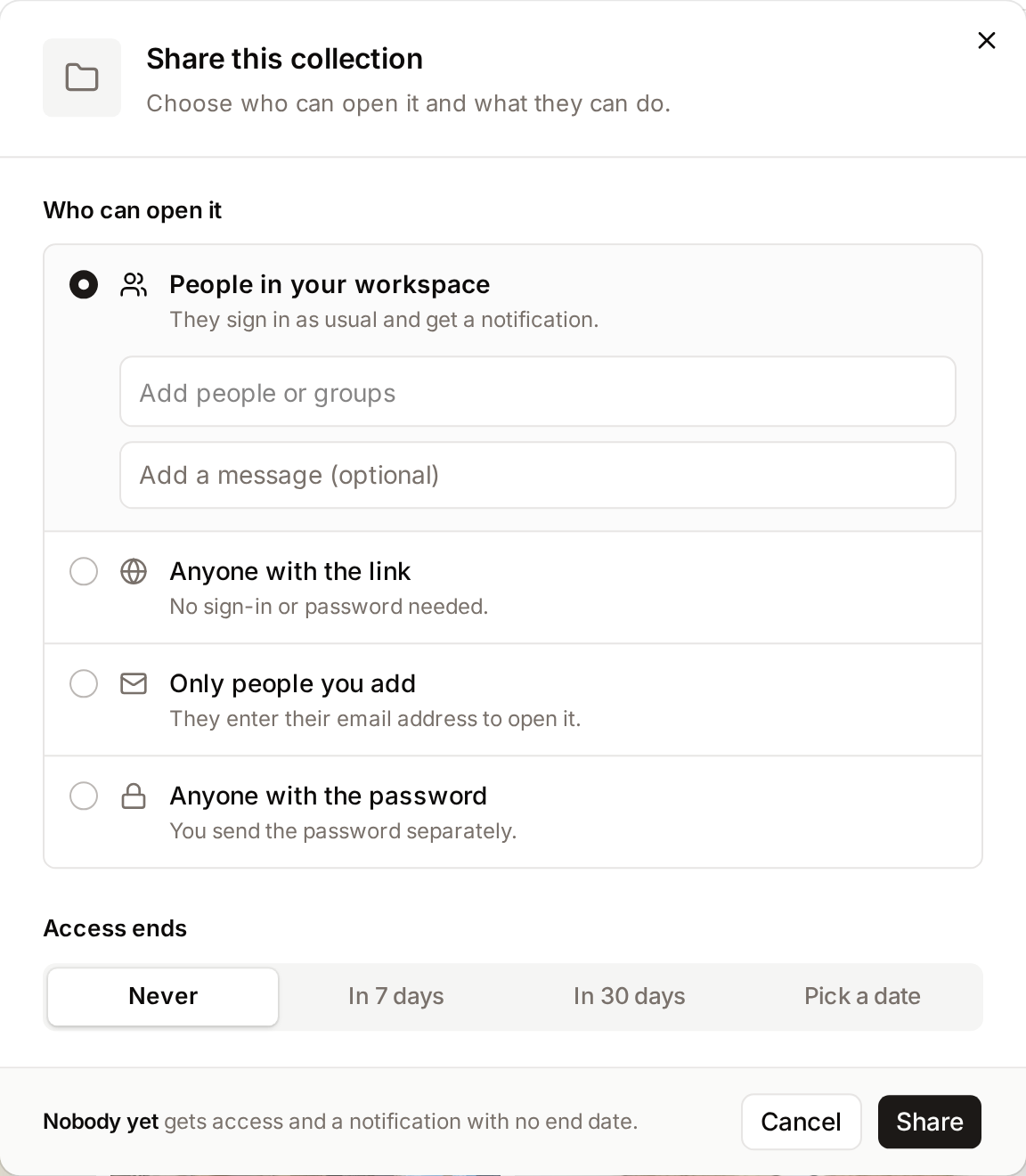 The Share this collection dialog: who can open it, and the options of the choice