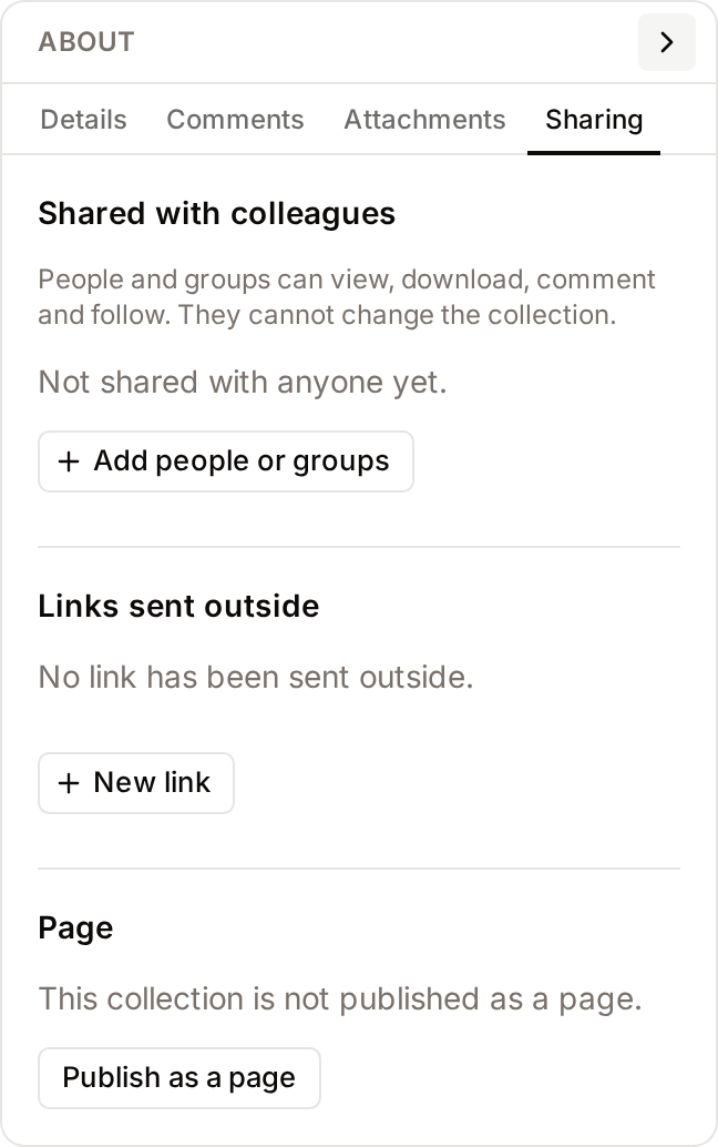 The Sharing tab: Shared with colleagues, Links sent outside, and Page