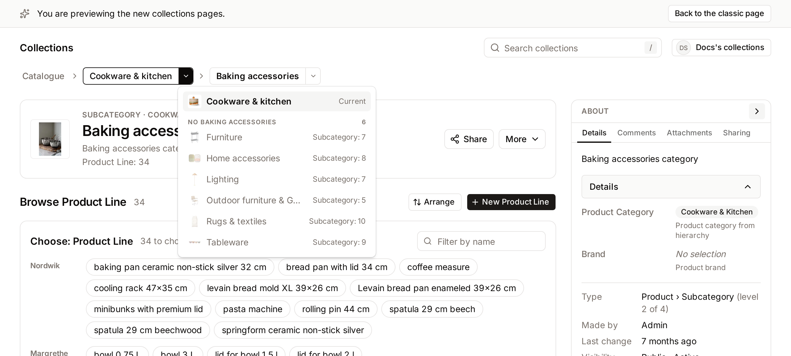 The arrow of a breadcrumb step lists the collections next to it