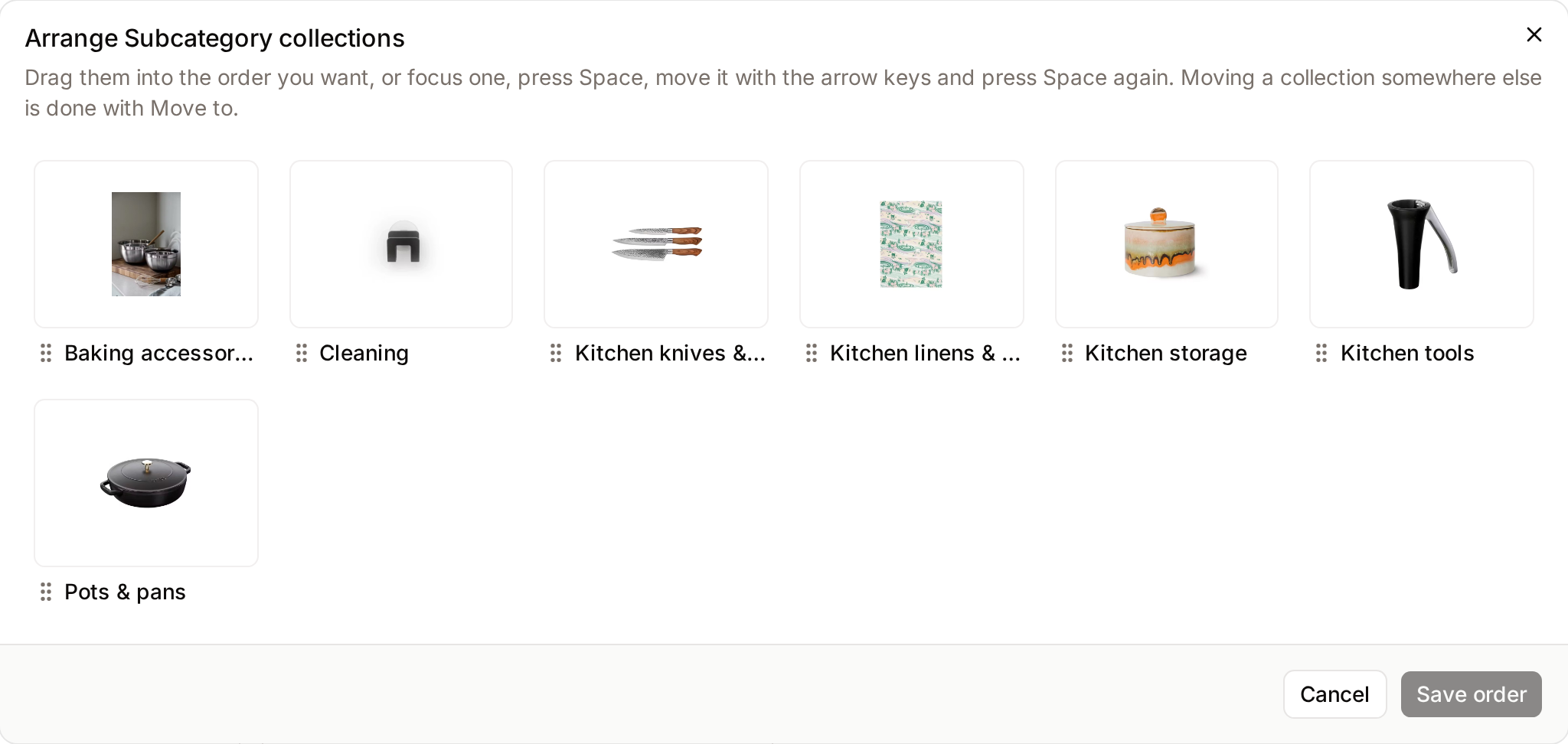 The Arrange dialog: drag the collections of a level, then Save order