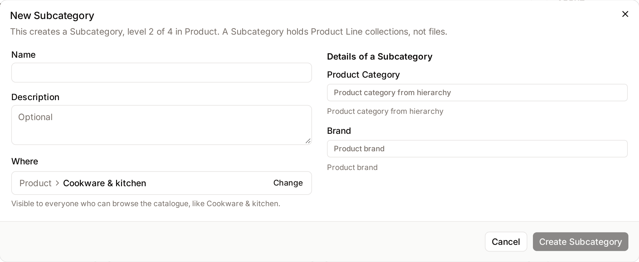 The create dialog: the Where line with Change, the level statement, and the fields of the level