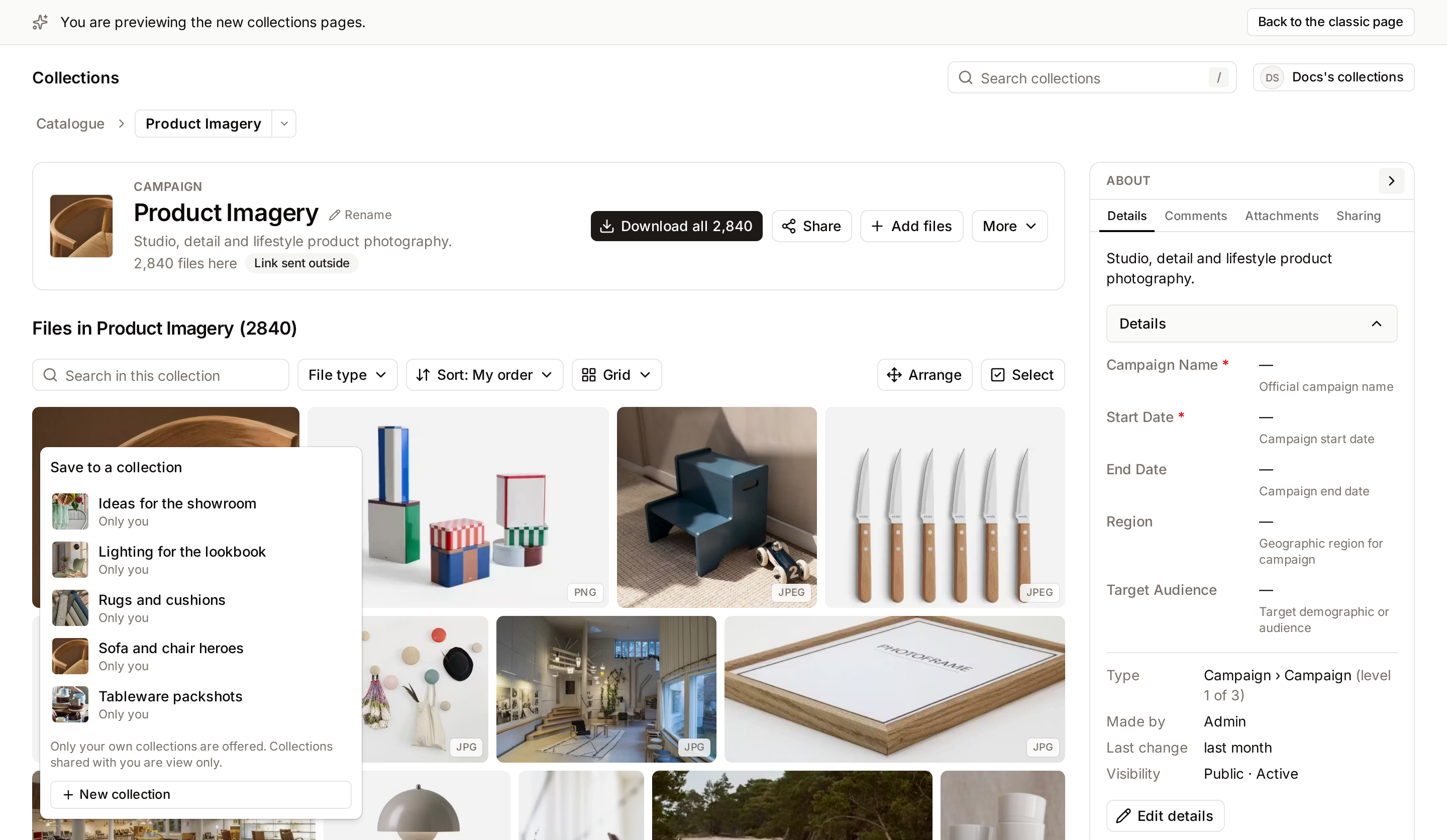 Save to on a file: your own collections with their sharing line, then New collection