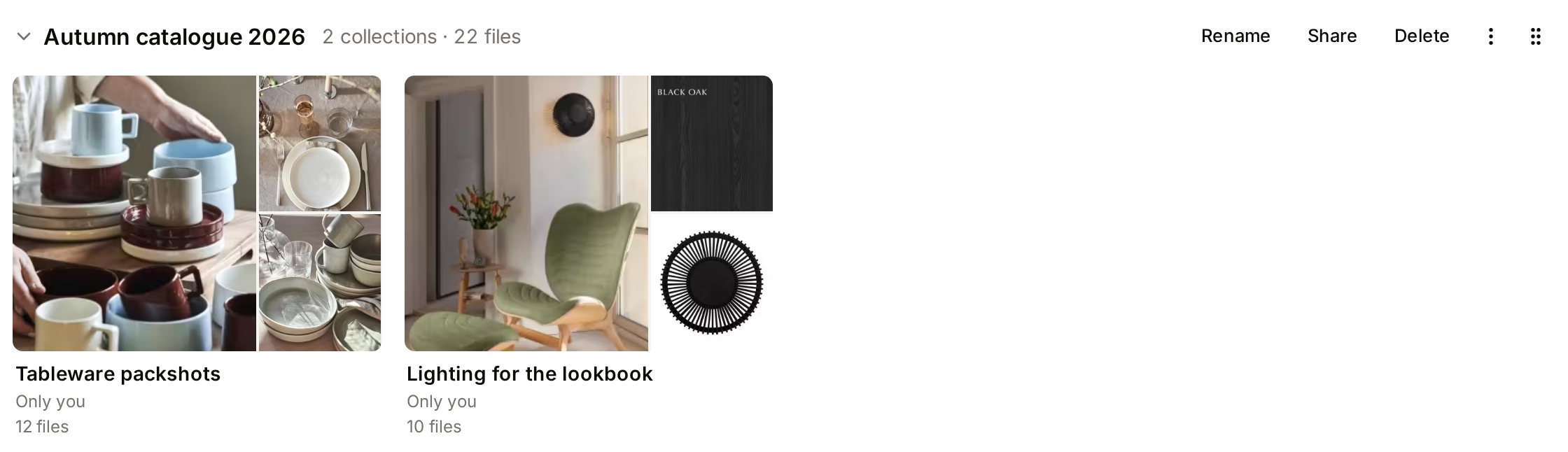 A shelf: the folder name, its counts and actions, and one card per collection