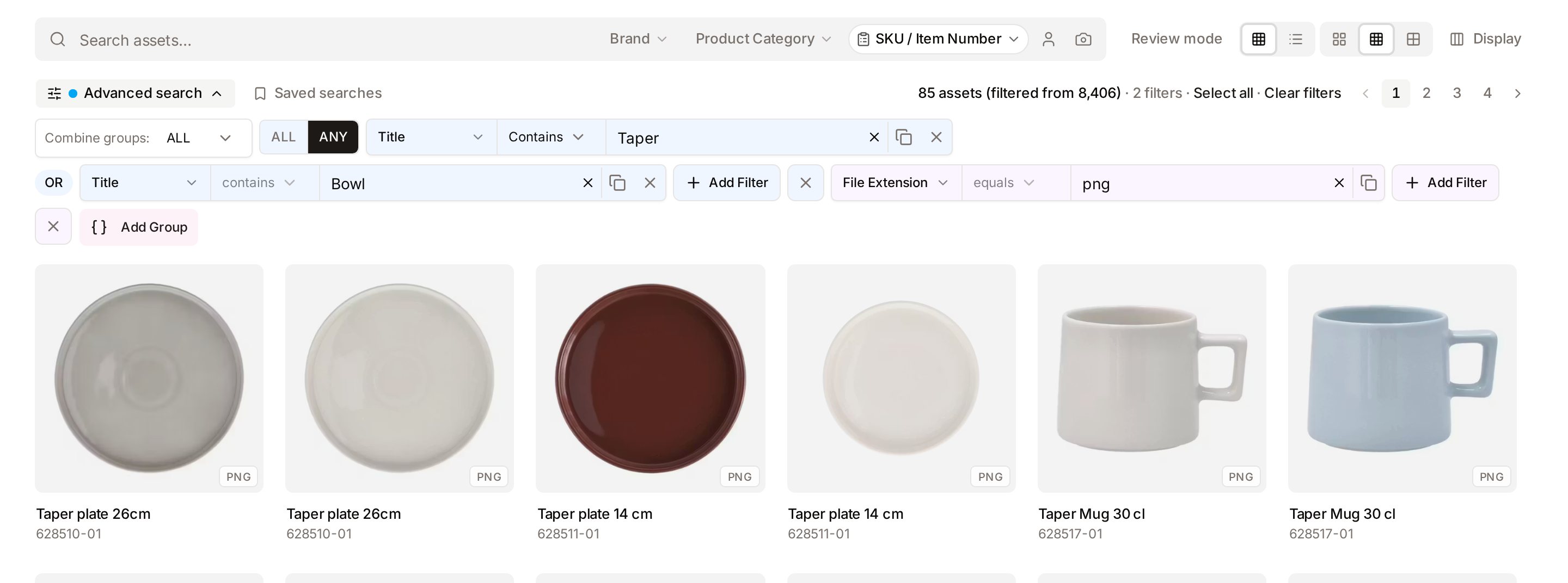 The Advanced search panel with two groups: a group set to ANY with two Title filters, and a second group with a File Extension filter, above the filtered results