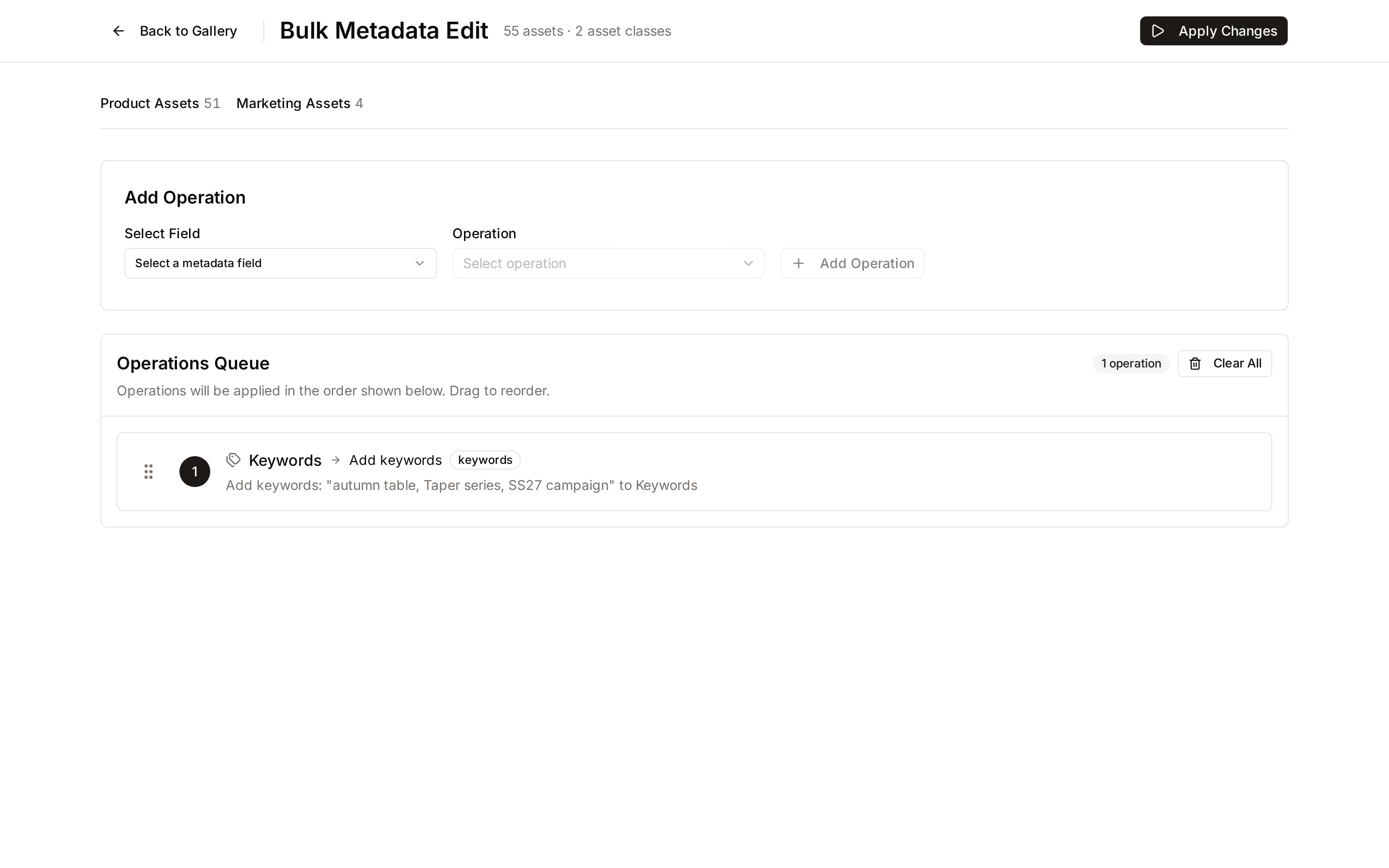The Bulk Metadata Edit page for the selected Taper assets: the header with the selection, the Add Operation row, and a queued Add keywords operation