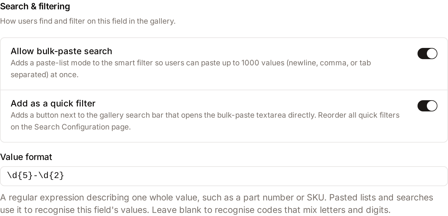 The Search and filtering section of the SKU field, with bulk-paste search on and the Value format input filled in.