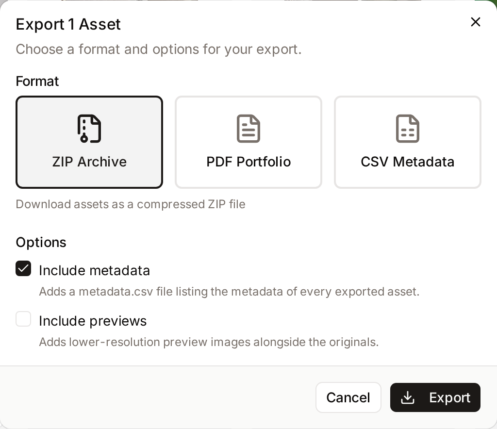 The Export dialog with the ZIP Archive, PDF Portfolio and CSV Metadata formats