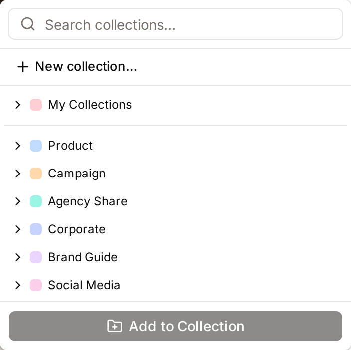 The Add to Collection panel: the search field, New collection, and the collection tree