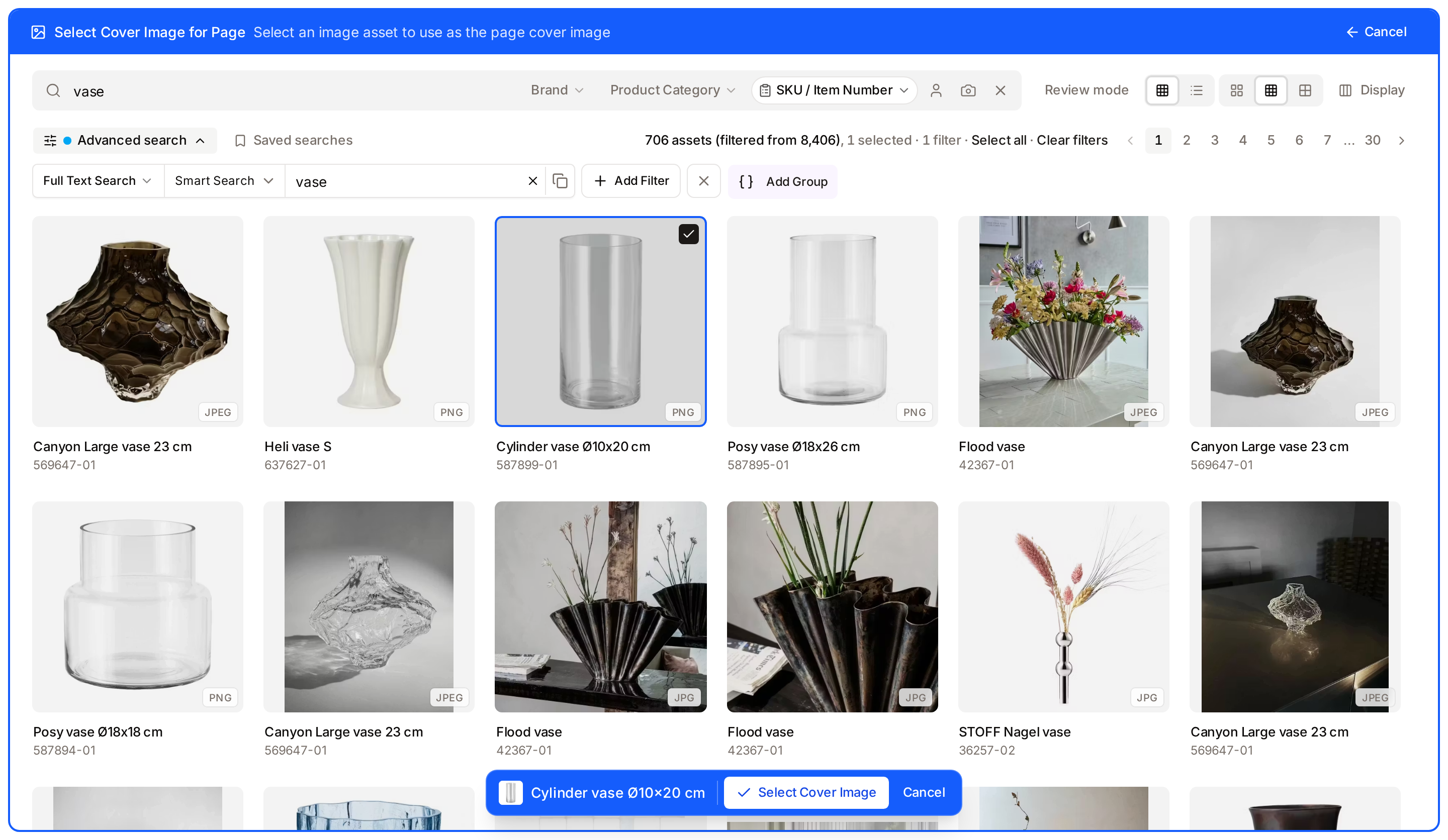 The Gallery in picking mode: the blue frame and its title bar, one image picked, and the blue selection bar with Select Cover Image and Cancel