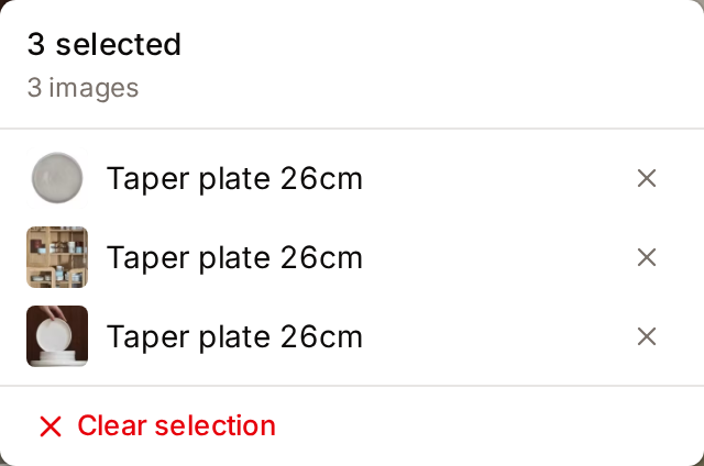 The list of selected assets, opened from the count: type counts at the top, one row per asset with a remove button, and Clear selection