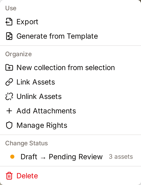 The More menu of the selection bar with its groups Use, Organize and Change Status, and Delete at the bottom