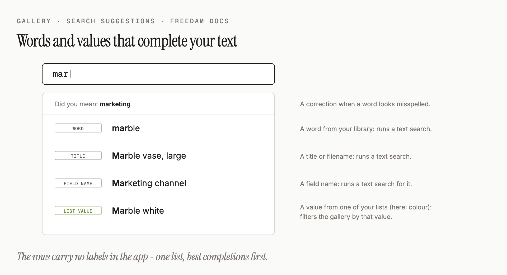 The suggestions dropdown after typing "mar": a "Did you mean" correction on top when there is one, then words, field names and list values that complete the text