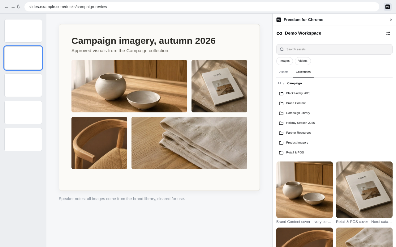 Browsing the Campaign collection in the side panel, next to a slide deck