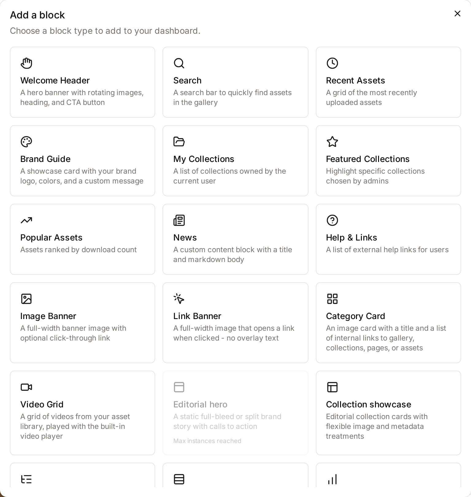 The Add a block dialog listing the block types with their descriptions