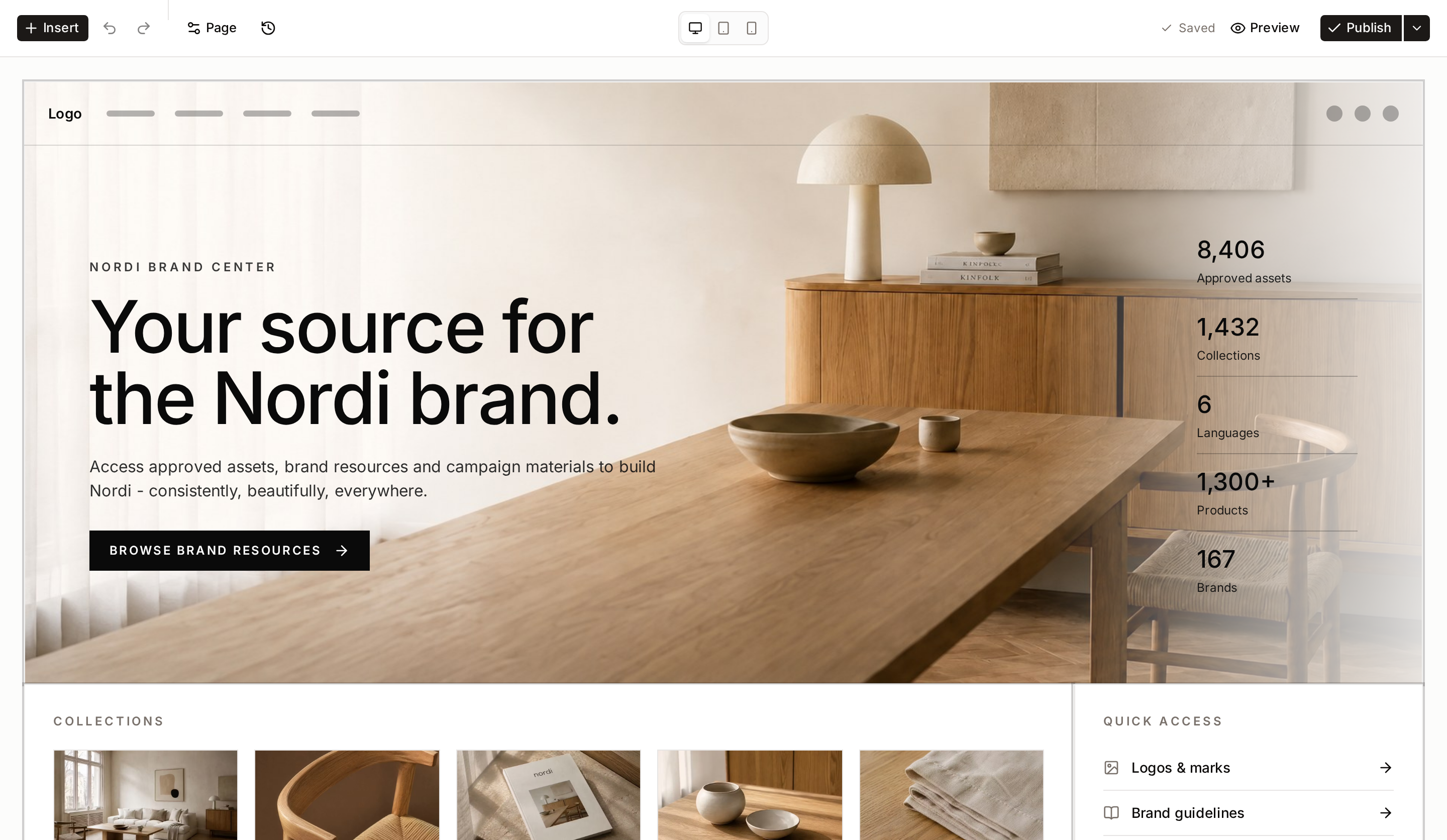 The homepage editor: the top bar with Insert, undo and redo, Page, version history, the device preview switch, the save indicator, Preview and Publish, above the homepage canvas