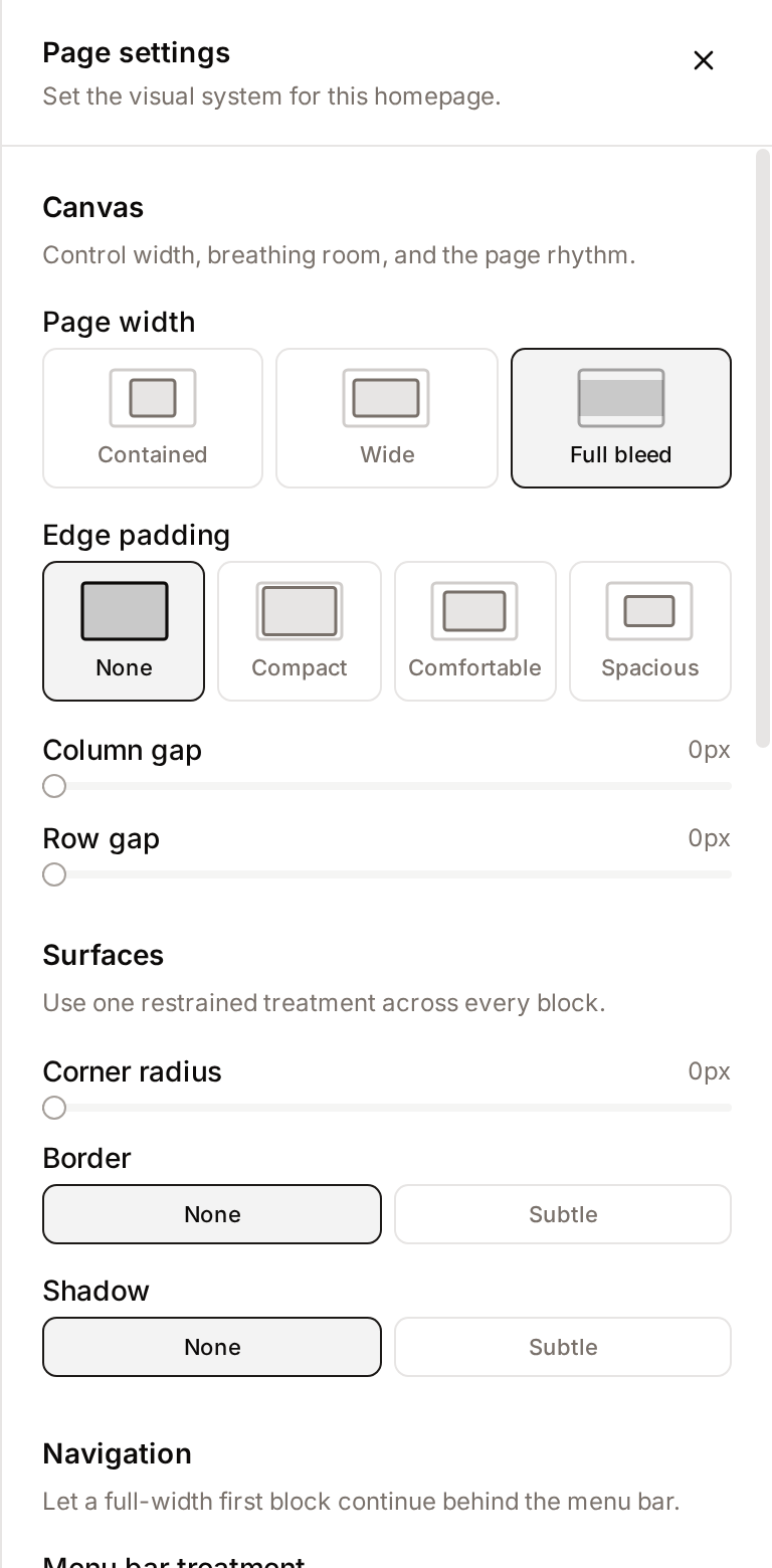 The Page settings panel with the Canvas, Surfaces and Navigation sections