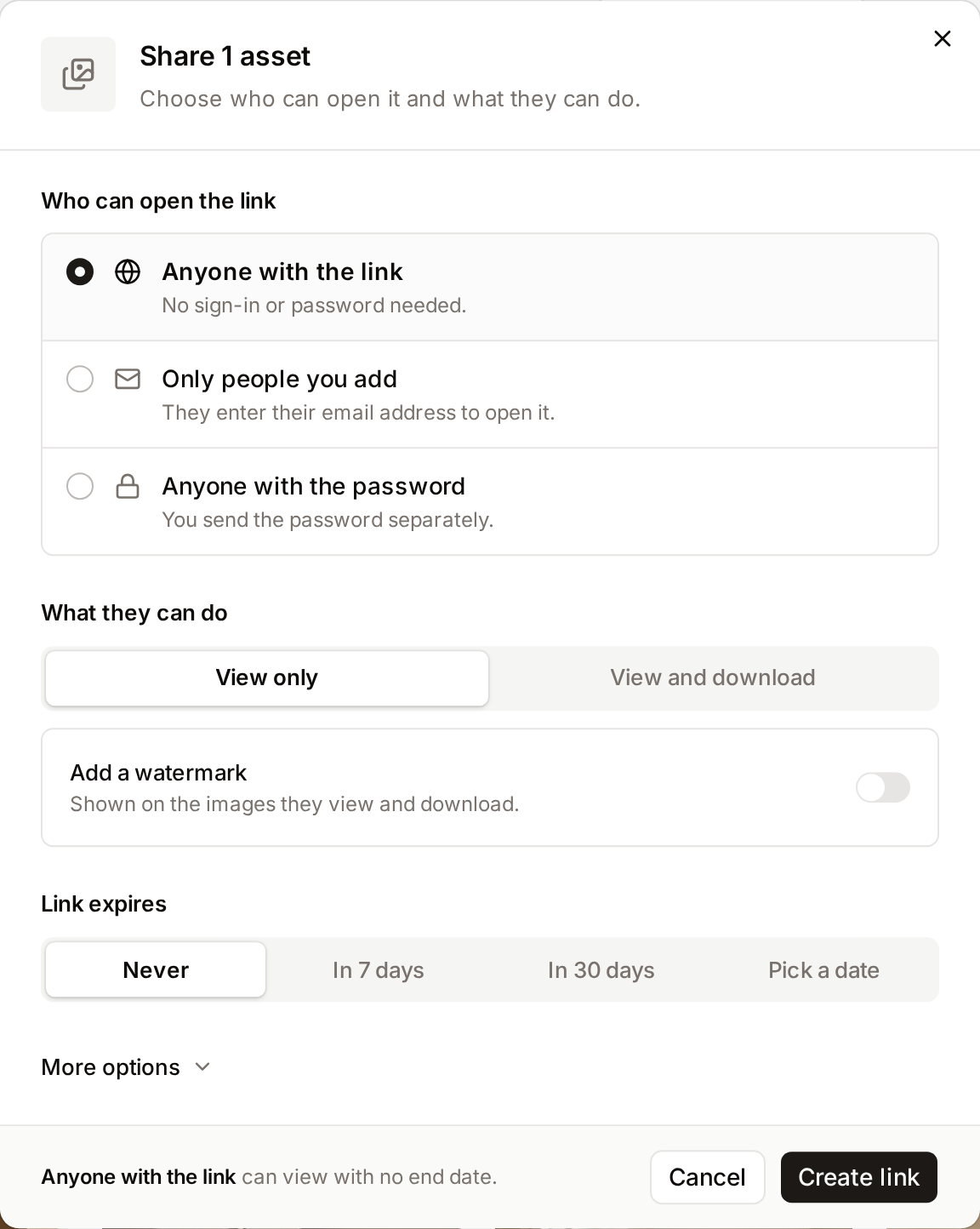 The share dialog: who can open the link, what they can do, and when it expires