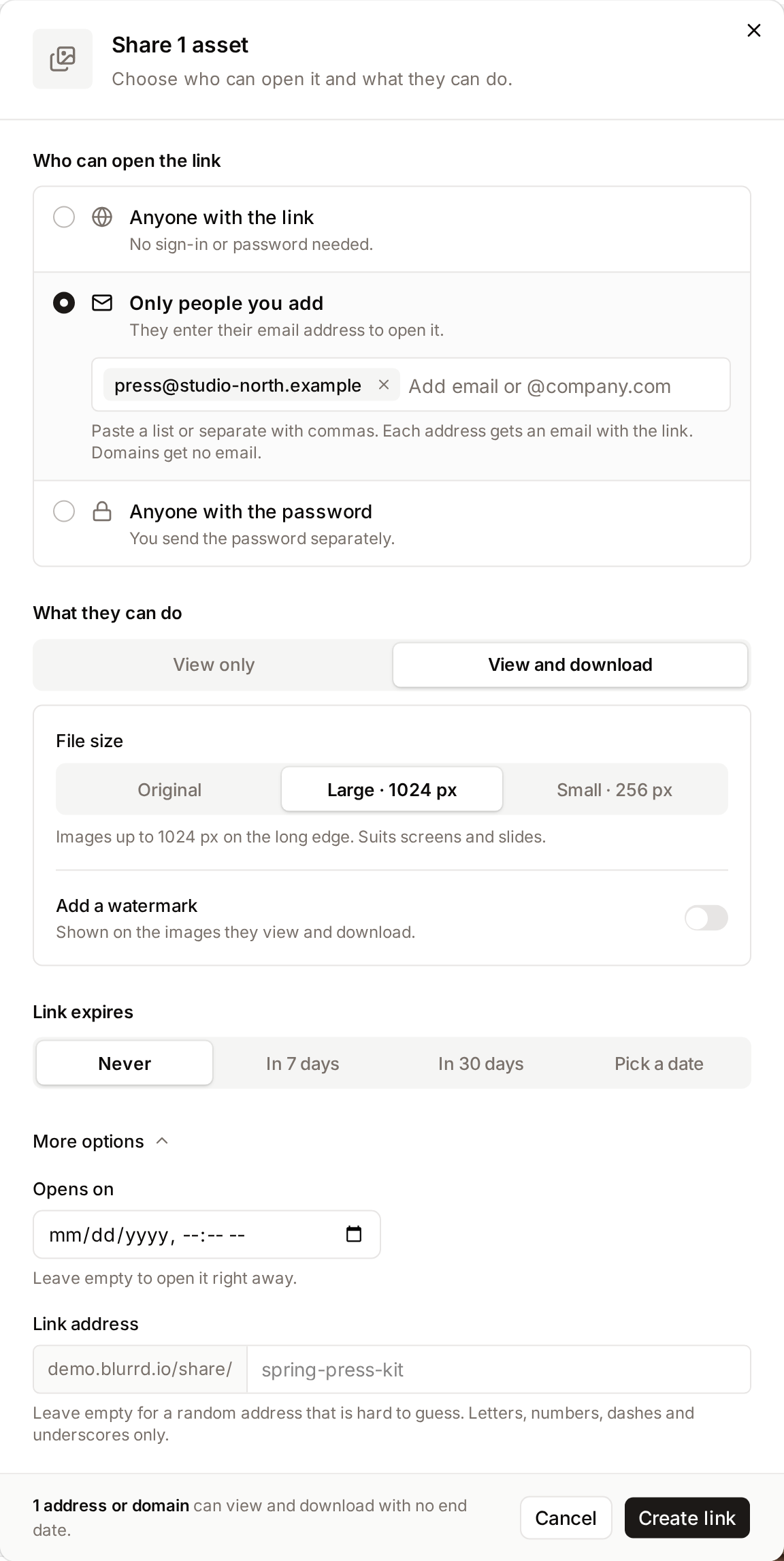 A link for listed people only, with downloads allowed and more options open