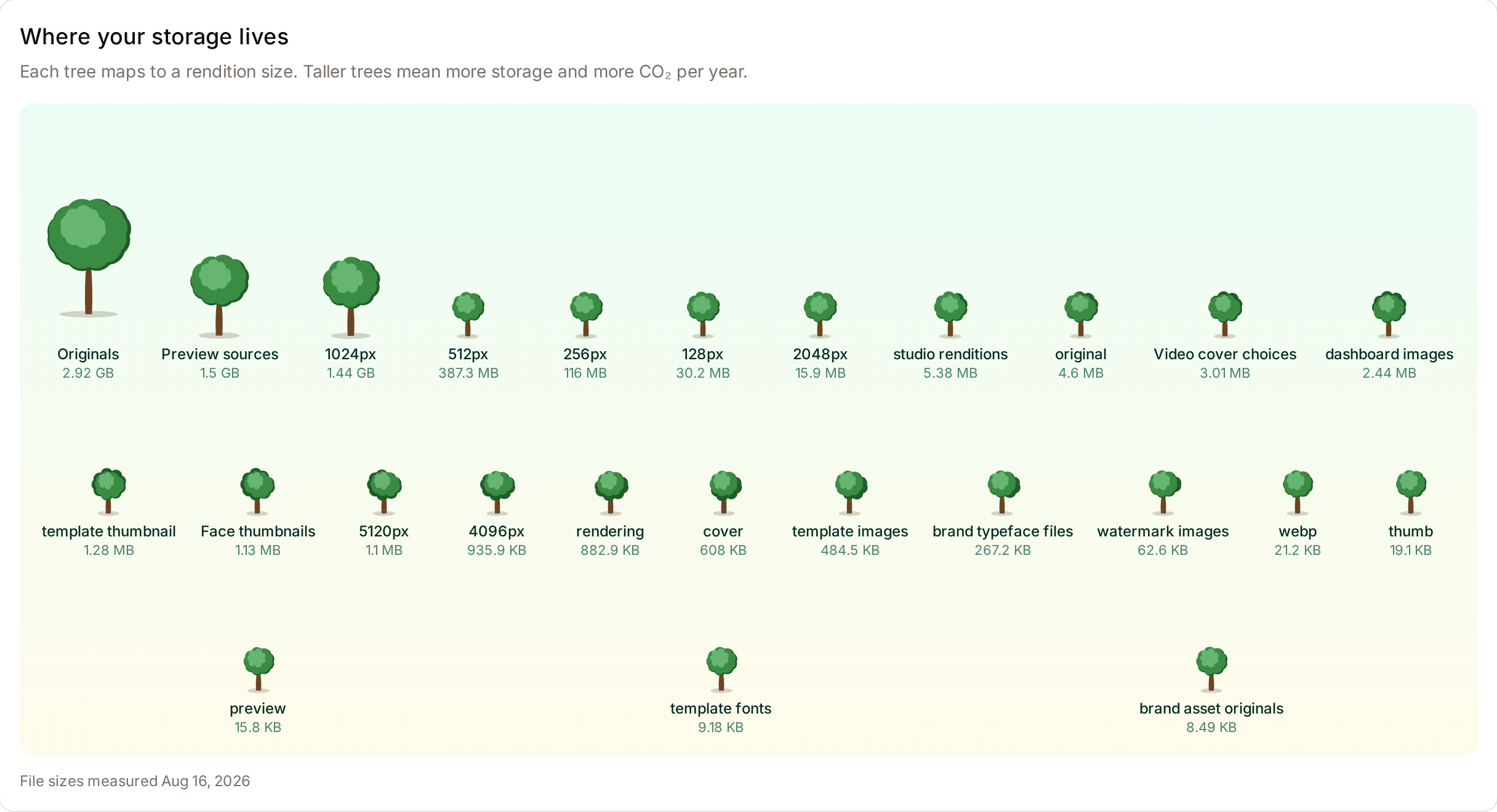 The Where your storage lives card, with one tree per rendition size