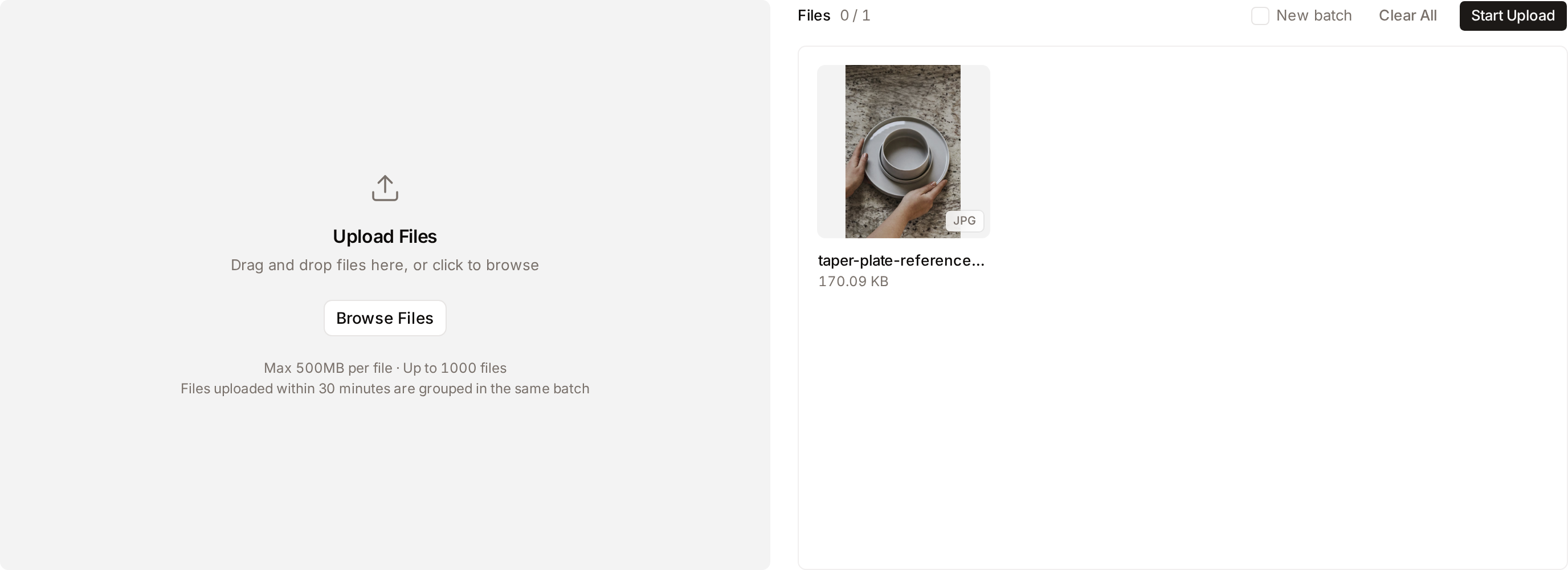 The upload form with one file queued: the drop zone on the left, and on the right the Files list with New batch, Clear All and Start Upload
