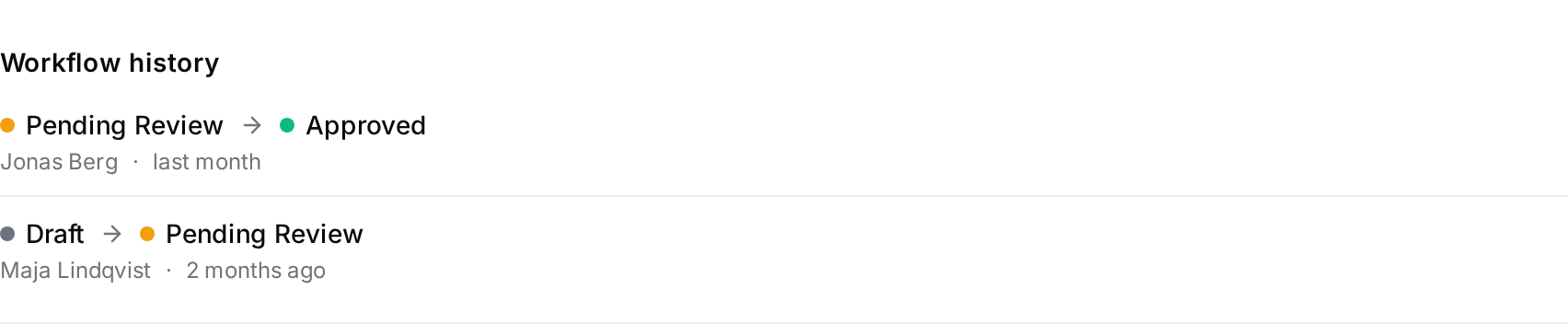 The Workflow history section in the History tab of an asset: each status change with the person who made it and when